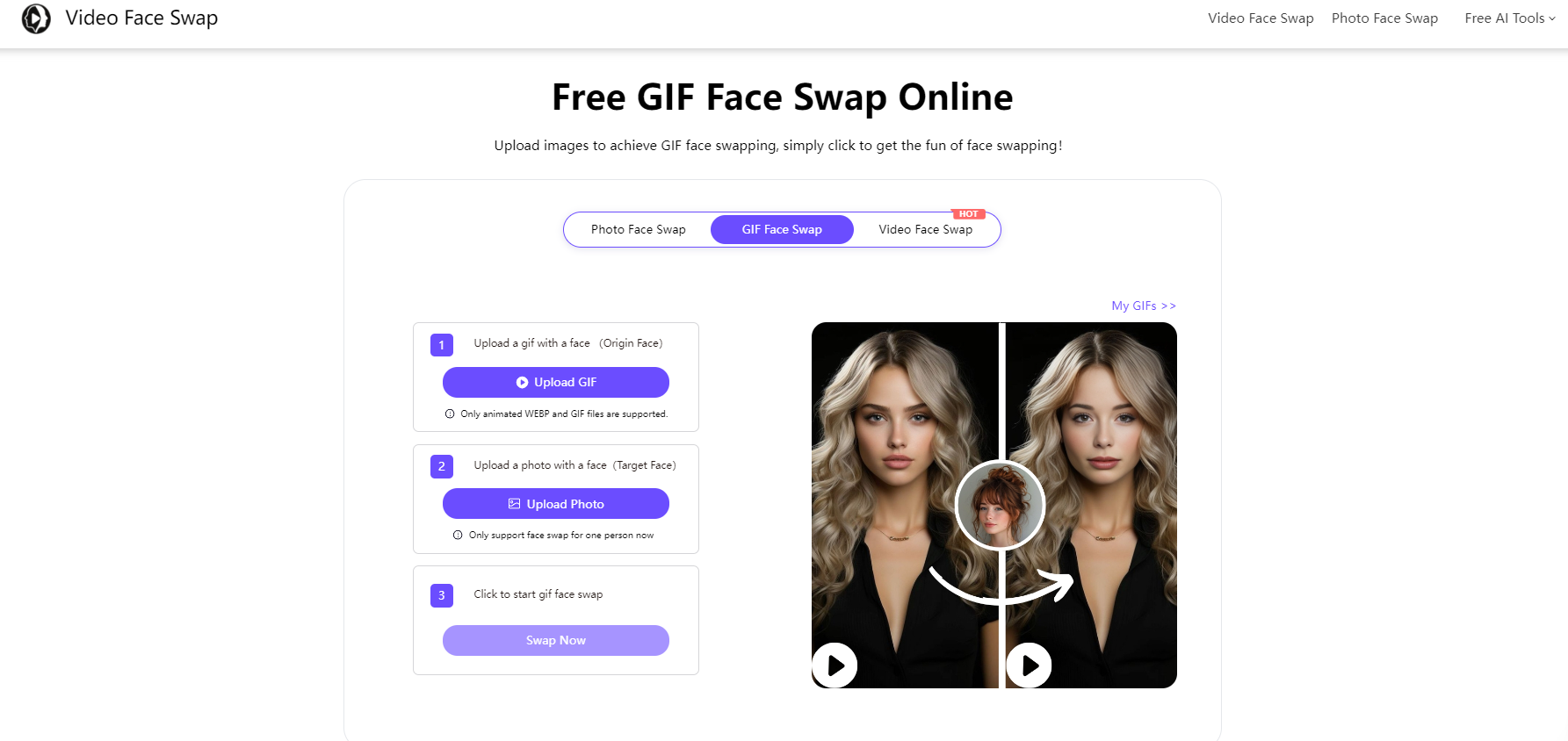 best choice for swapping faces in GIF for free: videofaceswap