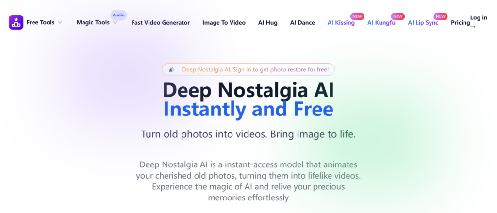 Deep Nostalgia AI's homepage